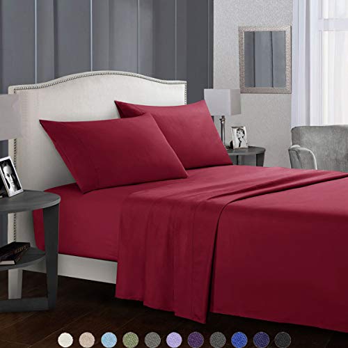 SaDiao Beddengoed, 3-delige bedlakenset, geborsteld microvezel, diep zakbed, plat blad met 1 kussenslopen, vouwen, vuilafstotend (Burgundy Red, 182cm×213cm)