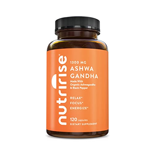 NutriRise Organic Ashwagandha Root with Black Pepper Capsules - 120ct - 1300mg, Natural Stress & Mood Relief, Sleep Aid & Thyroid Support Supplement; Ayurvedic Nootropic for Focus & Energy