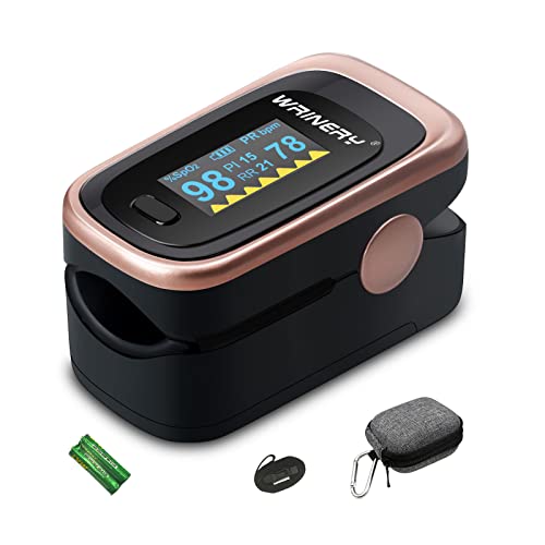 WRINERY Pulse Oximeter Fingertip, Oxygen Monitor Fingertip, Oxygen Saturation Monitor, O2 Saturation Monitor, OLED Portable Oximetry with Batteries, Lanyard (Rose gold-black)
