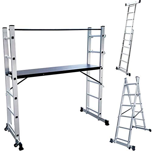 Froadp Aluminium Steiger Multifunctionele Werksteiger Ladder met MDF-plaat Antislipladder Laadvermogen tot 150KG Combinatie Vouwladder met 2 Stutten en Wielen(2x6 Treden, Zilver)