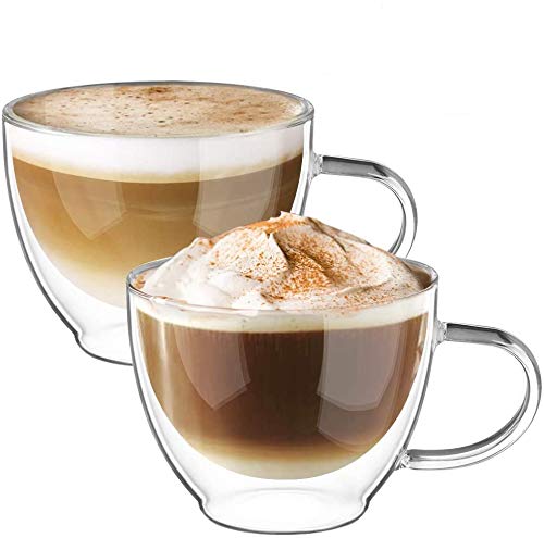 ecooe Dubbelwandige cappuccinokopjes, glazen latte, macchiato, glas, borosilicaatglas, koffiekopjes, set van 2, 350 ml, koffieglas, theeglazen met handvat, voor cappuccino, latte macchiato, thee, ijs, melk, bier
