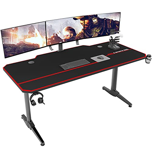 DlandHome Gamingtafel, 140 cm, ergonomisch gaming-bureau, grote pc-tafel, gaming-bureau met grote muismat, gamer-computertafel met USB-spelgreep, rek, bekerhouder en hoofdtelefoonhaak