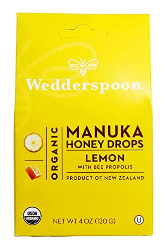 Wedderspoon Organic Manuka Honey Drops, Lemon & Bee Propolis, 4 Oz (Pack of 1) | Genuine New Zealand Honey | Perfect Remedy For Dry Throats