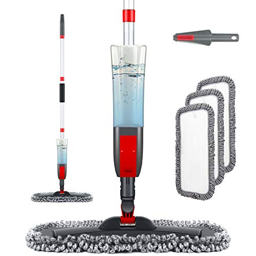 Homgif Mop met sproeifunctie, sproeiwisser met sproeifunctie, voor thuis en keuken, vloerreiniging, met waterreservoir van 450 ml en 3 bijgewerkte wasbare microvezelovertrek (rood)