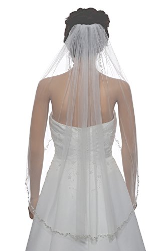 1T 1 Tier Offset Flower Vine Edge Crystal Pearl Veil - Ivory Fingertip Length 36