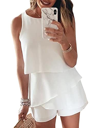 Dokotoo Womens Ladies Fashion 2022 Elegant Summer Casual Sexy Off Shoulder Halter Neck Ruffle Chiffon Sleeveless One Piece Short Rompers Jumpsuits for Women Short White M