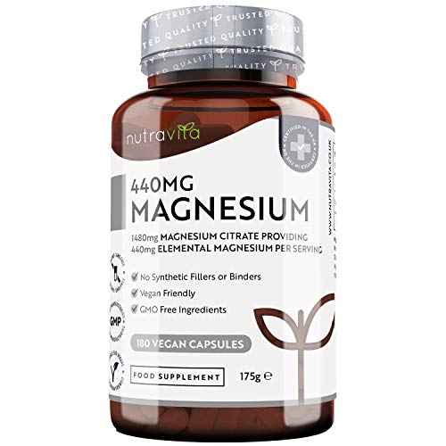 Magnesium Citraat 1480 mg Levert 440 mg Magnesium per Portie - 180 Vegan Capsules - Hoge Dosis Magnesium - 90 Dagen Voorraad - Gemaakt in het VK door Nutravita