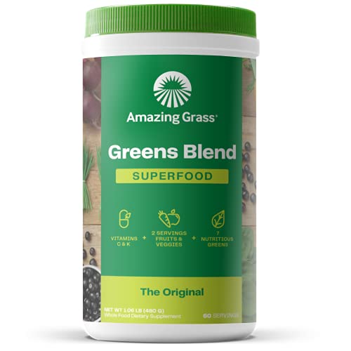Amazing Grass Greens Blend Superfood: Super Greens Powder Smoothie Mix with Organic Spirulina, Chlorella, Beet Root Powder, Digestive Enzymes & Probiotics, Original, 60 Servings 