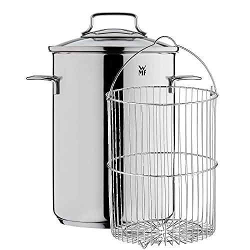 WMF Aspergepot hoog met glazen deksel 16 cm, stoompan 5,0 l, Cromargan gepolijst roestvrij staal, pan inductie met zeef, geschikt voor pasta, spaghetti, groenten