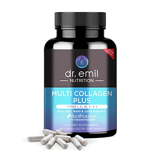 DR EMIL NUTRITION Multi Collagen Plus Pills - Collagen Supplements to Support Hair, Skin, Nails, Joints, & Gut Health - Hydrolyzed Collagen Supplement with Type I, II, III, V, X Collagen Peptides.