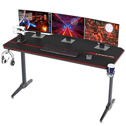 SogesHome Gamingtafel, 140 x 60 cm, computertafel in T-vorm, voor kantoor, pc, computer, robuuste tafel met muisonderlegger, bekerhouder en hoofdtelefoonhaak,ST-140BK-SH