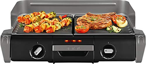 Tefal Family TG8000 Elektrische barbecue, voor binnen en buiten, twee afzonderlijke grillroosters met traploze thermostaten, individueel regelbaar, vaatwasmachinebestendig, 2400 W