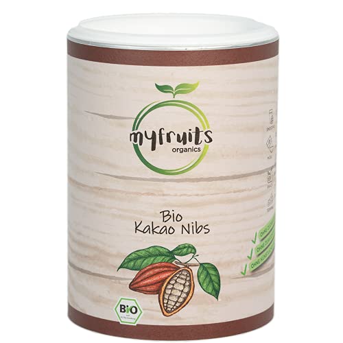 myfruits® Biologische cacao nibs (cacaonibs) - zonder toevoegingen. Zacht geroosterd voor een meer chocoladerige smaak. DE-ÖKO-003. Voor bakken of voor muesli (450g)