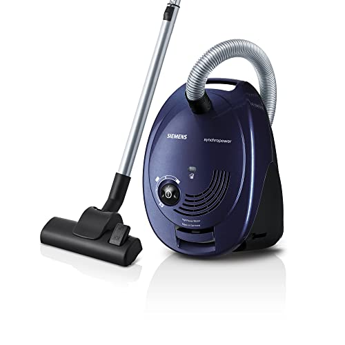 Siemens Synchropower VS06A11 Stofzuiger met zak, hygiënische filter, vloerzuigmond voor harde vloeren en tapijt, sterke zuigkracht, lange kabel, voegenzuigmond, 600 W, blauw