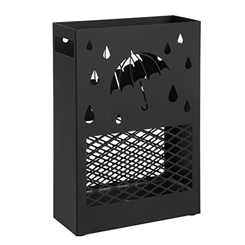 SONGMICS paraplubak, metaal, paraplubak, rechthoekig, met een afneembare wateropvangbak, 4 haken, uitsnijding ontwerp, voor de gang en het kantoor, zwart LUC004B01