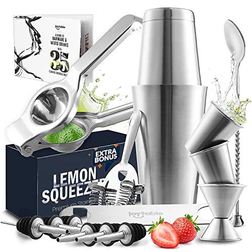JoyTable Bar Set Cocktail Shaker Set - Stainless Steel Bartender Kit, 16 PC Cocktail Kit, Complete Cocktail Set, Bar Tools: 30oz Martini Shaker, Muddler, Cocktail Book, Jigger, Liquor Pourers - Silver