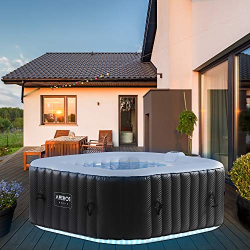 Arebos Whirlpool met LED-verlichting | 6 kleuren | opblaasbaar | vierkant | binnen en buiten | 4 personen | 100 massagejets | met verwarming | 600 l liter | incl. afdekking | Bubble Spa & Wellness Massage