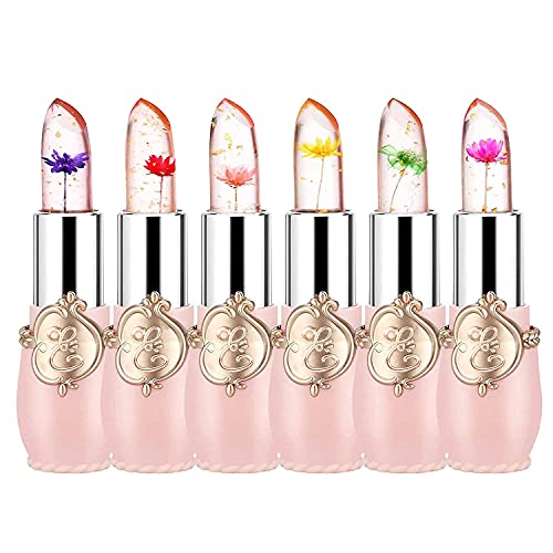 Pack of 6 Crystal Flower Jelly Lipstick, FirstFly Long Lasting Nutritious Lip Balm Lips Moisturizer Magic Temperature Color Change Lip Gloss (Pink)