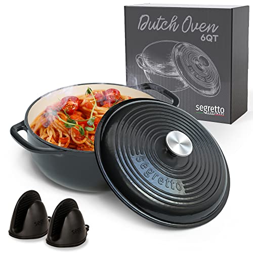 Segretto Cookware Enameled Cast Iron Dutch Oven with Handle, 6 Quarts, Nero (Black) Enameled Cast Iron Dutch Oven 6qt | Dutch Oven Wedding Gift | Enamel Cast Iron Cookware | Comes with Silicone Pot Holders