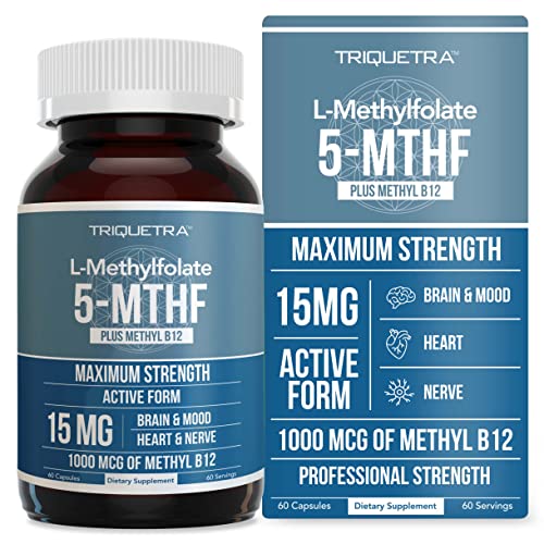 L Methyl Folate 15mg Plus Methyl B12 Cofactor - Professional Strength, Active 5-MTHF Form - Supports Mood, Homocysteine Methylation, Cognition (60 Capsules)