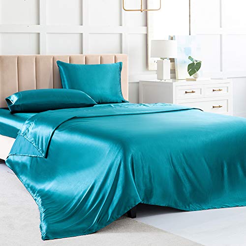 Satijnen lakens vol, zachte zijden lakens, groenblauw zijden laken met 1 diep zakje hoeslaken & 1 plat laken & 2 zijdezachte satijnen kussenslopen