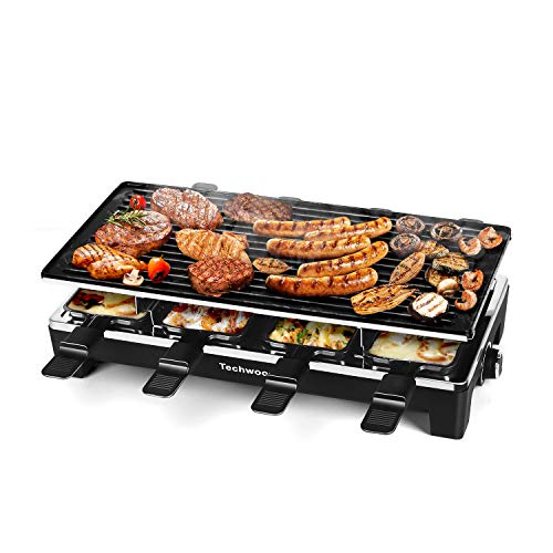 Raclette Table Grill, Techwood Electric Indoor Grill Korean BBQ Grill, Removable 2-in-1 Non-Stick Grill Plate, 1500W Fast Heating with 8 Cheese Melt Pans, Ideal for Parties and Family Fun (Matte Black)