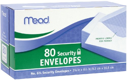 Mead #6-3/4 Envelopes, Security Printed Lining for Privacy, Gummed Closure, All-Purpose 20-lb Paper, 3-5/8