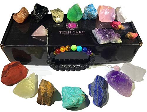 TESH CARE Chakra Therapy Starter Collection 17 pcs Healing Crystals kit, 7 Raw Chakra Stones,7 Colorful Gemstones, Amethyst,Rose Quartz Pendulum,Chakra Lava Bracelet,Dry Roses,Guide,COA,Gift Ready