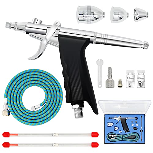 RJ-Global Double Action Trigger Airbrush Kit Air Brush Spray Tool Set with 0.3mm/0.2mm/0.5mm Needles,2cc/5cc/13cc Paint Cup, Air Hose for Tattoo Makeup Nail Car Hobby Painting T-Shirts Cake Textiles