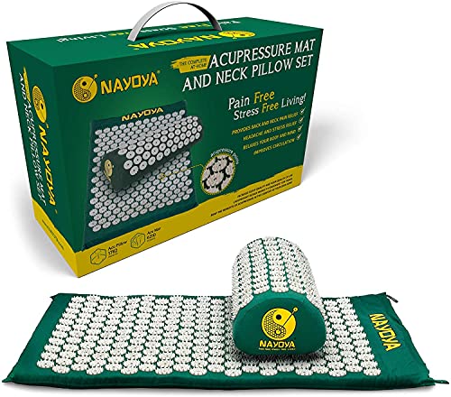NAYOYA Neck and Back Pain Relief - Acupressure Mat and Neck Pillow Set - Relieves Stress and Sciatic Pain for Optimal Health and Wellness - Comes in a Carry Box with Handle for Storage and Travel 