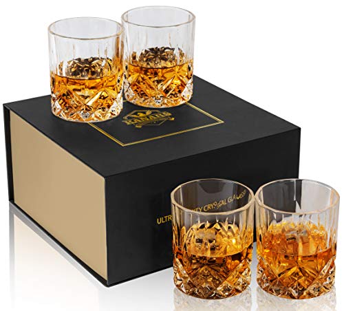 KANARS Whisky Glazen Set, Loodvrije Kristallen Whiskey Glas, Cadeau voor Vriend Hem Vader Echtgenoot Opa, Mooie Geschenkdoos, 300 ml, 4 Stuks