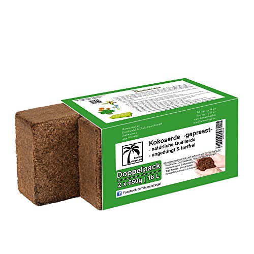Humusziegel potgrond - 18 L kokosaarde - 2 x 650g - kokosvezel pot grond - natuurlijk & turf vrij - geschikt als palmaarde, kamerplantaarde, plantaarde