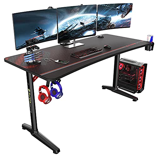 EUREKA ERGONOMIC Gamingtafel, groot, P60, gaming-bureau, 152 x 70 cm, met bekerhouder en hoofdtelefoonhouder, USB-oplader, zwart