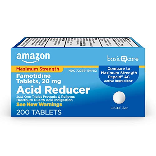 Amazon Basic Care Maximum Strength Famotidine Tablets 20 mg, Acid Reducer for Heartburn Relief, 200 Count ( pack of 1)