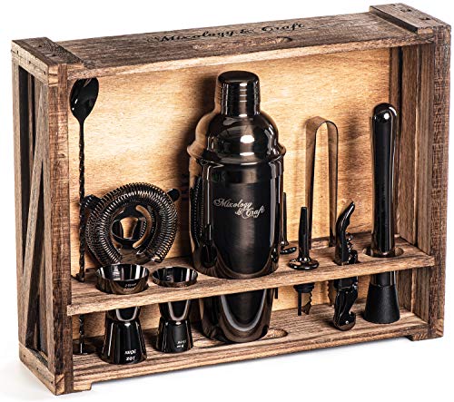 Mixology Bartender Kit: 11-Piece Bar Tool Set with Rustic Wood Stand | Perfect Home Bartending Kit and Cocktail Shaker Set for a True Drink Mixing Experience | Valentine's Day Gift Idea (Gun-Metal)
