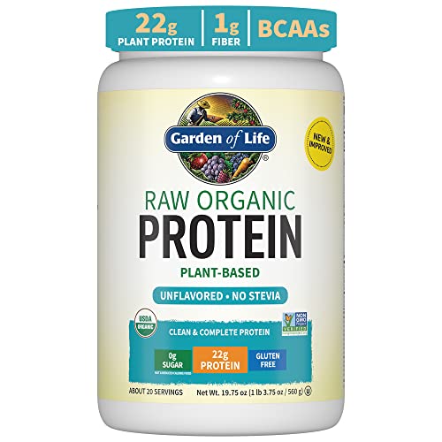 Organic Vegan Unflavored Protein Powder - Garden of Life – 22g Complete Plant Based Raw Protein & BCAAs Plus Probiotics & Digestive Enzymes for Easy Digestion, Non-GMO Gluten-Free Lactose Free 1.2 LB 