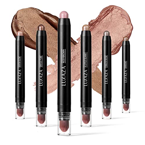 LUXAZA 6 PCS Neutral and Brown Metallic Eyeshadow Stick,Shimmer Cream Eyeshadow Pencil Crayon,Champagne Eye Brightener Stick Highlighter Makeup,Pro Waterproof & Long Lasting Eyeshadow Stick Sets