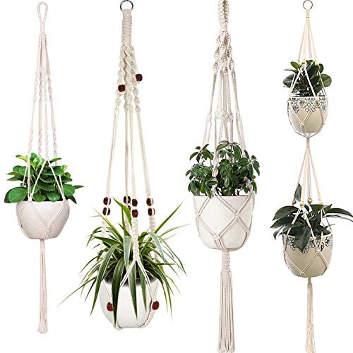 Sixyotie Macrame Plantenhangers 4 benen Indoor Hangende Plantenmand Handgemaakte Hangende Plantenhouder Bloempot Houder voor Decoraties - Katoen Touw (4 Packs)