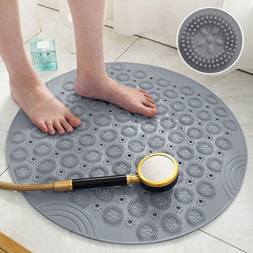 Badmat, antislipmat, douchemat, douchemat, douchebakinzet met zuignappen en afvoergat, douche-inleg comfort massage douchemat bad kicherheits antibacterieel PVC rond 55 x 55 cm (grijs)