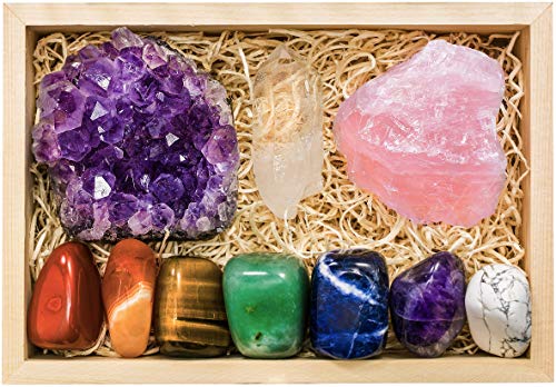 Large Premium Crystals and Healing Stones in Wooden Gift Box + 50pg EBOOK – 7 Chakra Tumbled Gemstones, Amethyst Crystal, Rose Quartz, Quartz Crystal Point, and Info Guide, Made in U.S.A.
