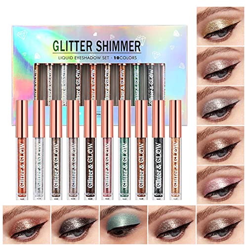 10 Colors Liquid Glitter Eyeshadow Set, Metallic Glitter Shimmer Smokey Eye Looks Waterproof Long Lasting Quick-Drying Sparkling Eye Shadow Makeup Kits