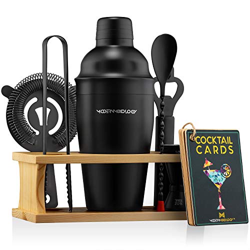 Mixology Bartender Kit with Stand | Black Bar Set Cocktail Shaker Set for Drink Mixing - Bar Tools: Martini Shaker, Jigger, Strainer, Bar Mixer Spoon, Tongs, Opener | Best Bartender Kit for Beginners