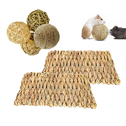RoadLoo Animal Activity Play Chew Toys, 2 Pack Animal Chew Beds Natuurlijke Geweven Gras Matten en 4PcsHand Geweven Veilig Eetbaar Konijntje Beddengoed Nest Rotan Ballen voor Konijn Hamster Kleine Dieren (S)