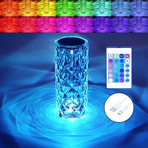 Crystal Lamp 16 Color Changing RGB Night Light Touch Lamp USB Romantic LED Rose Diamond Table Lamps for Bedroom Living Room Party Dinner Decor Creative Lights( 8.7IN Remote & Touch）