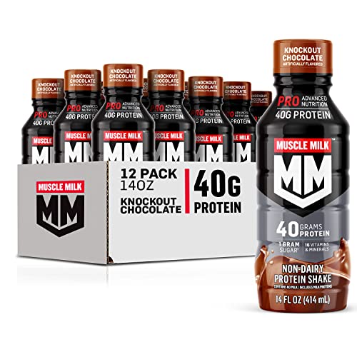 Muscle Milk Pro Advanced Nutrition Protein Shake, Knockout Chocolate, 14 Fl Oz Bottle, 12 Pack, 40g Protein, 1g Sugar, 16 Vitamins & Minerals, 6g Fiber, Workout Recovery, Packaging May Vary