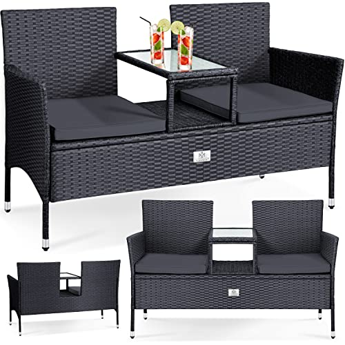 Kesser® Polyrotan tuinbank, 2-zits bank met geïntegreerde tafel en kussen, 133 × 63 × 84 cm, rotan zitbank, voor tuin en balkon, weerbestendig, ultra stabiel, antraciet