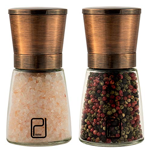 Premium Zout- en Pepermolen Set Koper - Magnetische Deksels, Verstelbaar Keramische Molen, Koperen RVS Zoutmolen en Pepermolen Met Bamboe Houten Houder