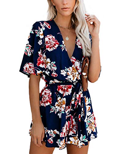 Relipop Women's Jumpsuit Floral Print V Neck Flared Half Sleeve Elastic Tie Waist Ruffle Hem Romper