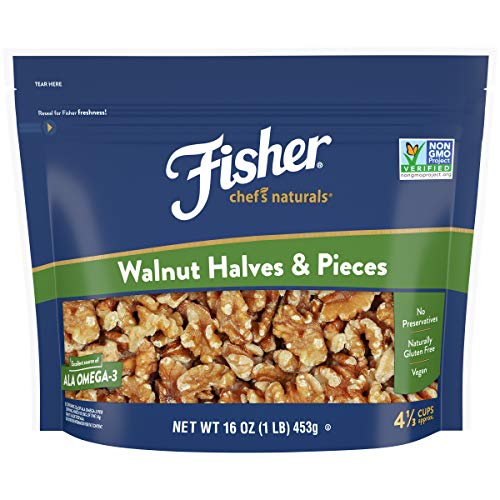 Fisher Walnut Halves and Pieces, 16 Ounces, California Grown Walnuts, Unsalted, Naturally Gluten Free, No Preservatives, Non-GMO