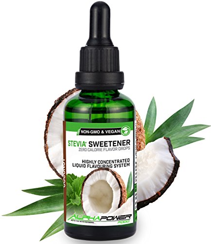 ALPHAPOWER FOOD® Stevia Flavour Drops, Vegan, flüssig - liquid 1x50ml Aroma Kokos - Coco, Lebensmittel flavor Konzentrat & Geschmackstropfen - Flave Tropfen ohne Zucker, Flavdrops zum Essen & Backen 
